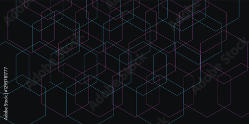 Dark hexagon abstract technology background with blue and pink colored bright flashes under hexagon. Hexagonal gaming vector abstract tech background.
