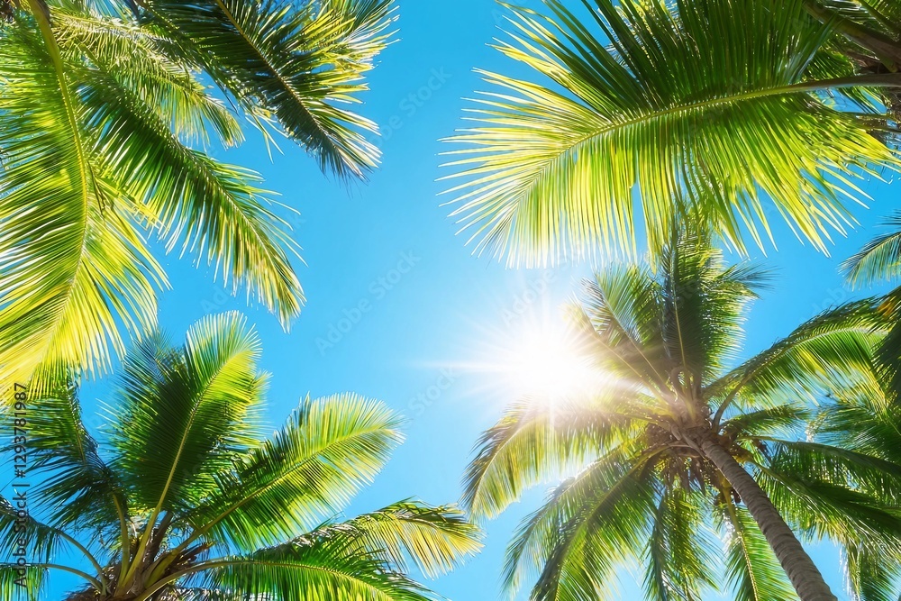 Green palm tree branches blue sky background, bright shiny sun rays, palm leaves, sunlight glow, beautiful nature, sea beach landscape, summer holidays Green palm tree branches blue sky background, bright shiny sun rays, palm leaves, sunlight glow, beautiful nature, sea beach landscape, summer holidays