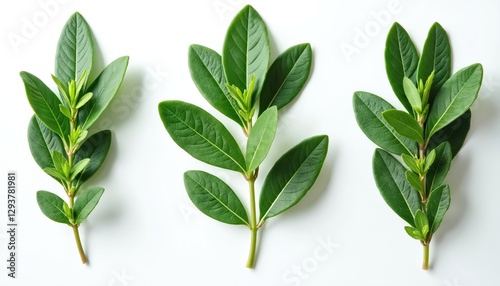 Branches with green leaves on white background. Three fresh plants isolated. Rich foliage for eco, food themes. Botany, nature concepts. Flat lay studio plant photography. Agriculture, agronomy theme.