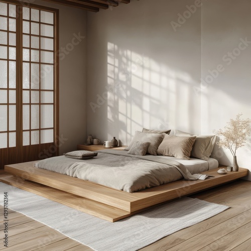 The Japanese style bedroom features a serene platform bed design photo