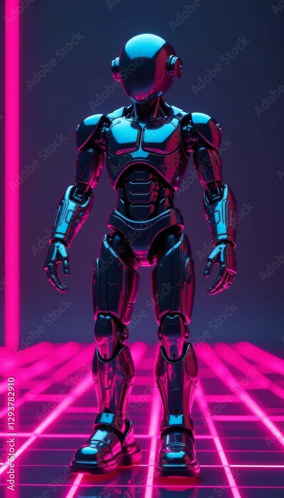 Sleek chrome robot, pink grid field, neon glow , electronic, futuristic technology, game