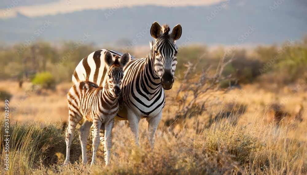Fototapeta premium Wild African Morn, Plains Zebra Mother and Foal Gazing Underneath the Brilliant African Sky, Capturing the Pure Joy and Bond in the Wild. characters