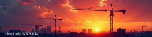 Wallpaper Mural Sunset silhouettes of crane & construction site,  civil engineering, worker Torontodigital.ca