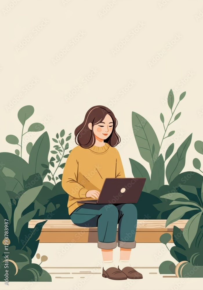 Woman working on a laptop in a serene outdoor setting surrounded by greenery Woman working on a laptop in a serene outdoor setting surrounded by greenery