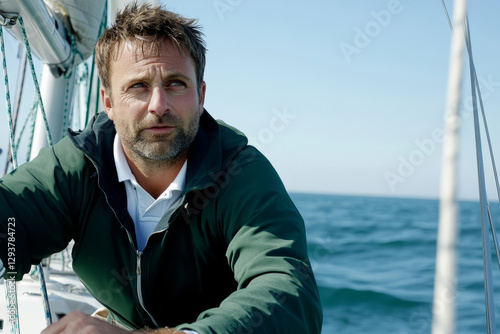 Determined skipper navigating cutting edge monohull yacht on open sea photo