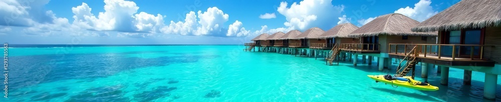 Crystal clear lagoon, overwater bungalows, snorkel gear, water, fiji, resort Crystal clear lagoon, overwater bungalows, snorkel gear, water, fiji, resort
