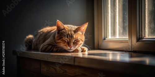 Darkened room with a single beam of sunlight illuminating the face of a calm cat sleeping on a windowsill, pet, calm