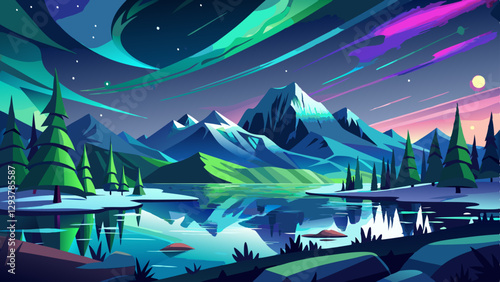 panorama with northern lights in night starry sky against background of mountains and lakes. Generative 