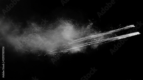dynamic burst of white powder against black background, creating sense of movement and energy. Ideal for artistic and abstract designs