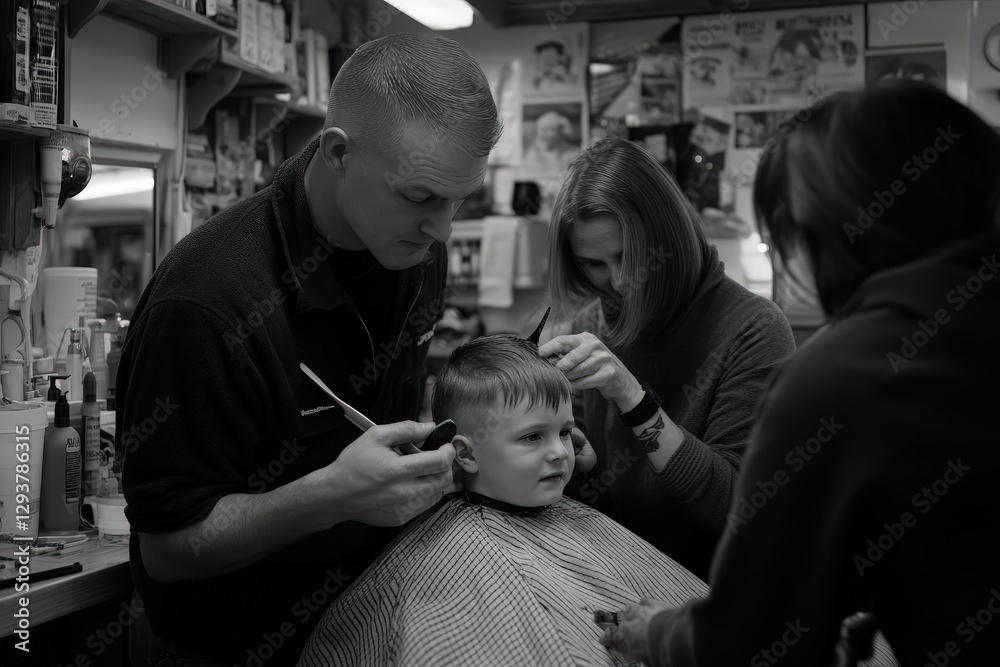 Fototapeta premium First Haircut Experience for a Young Boy With Family Support in a Cozy Barber Shop Setting