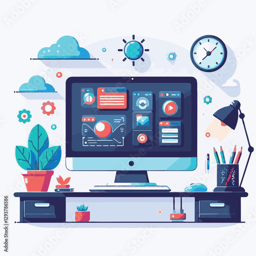 computer, digital, business, technology, communication, laptop, tech, work, office, web, internet, design, employee, vector, information, monitor, pc, modern, device, person, electronic, desktop, scre