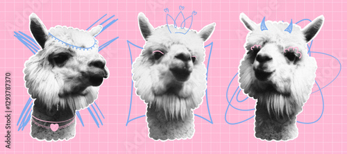 Halftone llamas with doodle elements. Modern animal design in dark color with torn paper. Y2K stickers for design. Animals, llamas. For banners, social media, posters. Collage elements