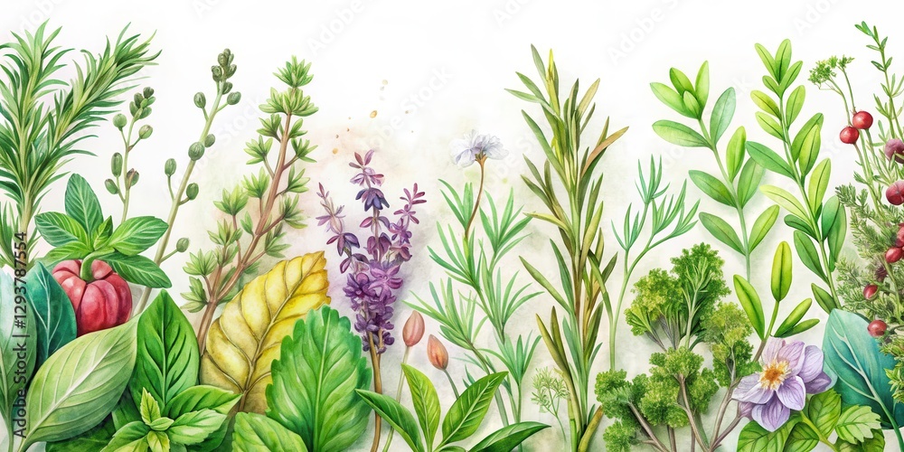 Obraz premium Watercolor background with a selection of culinary herbs and plants such as rosemary