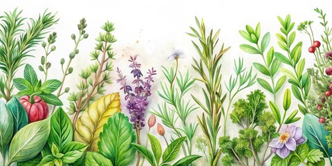 Papier peint photo Jungle Watercolor background with a selection of culinary herbs and plants such as rosemary  © Songkran
