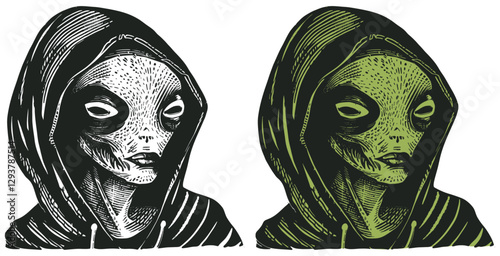 Vector illustration of an alien wearing a hoodie, in two different color styles. The design features intricate details with a mysterious, sci-fi vibe. Perfect for alien, futuristic, or cosmic-themed