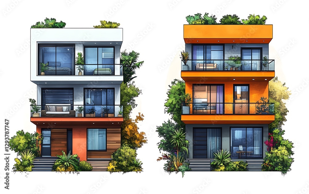 Fototapeta premium Modern Townhouses with Gardens - Front View for Illustration