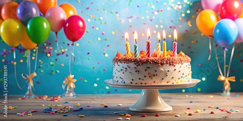 Vintage-style birthday cake with candles, surrounded by colorful confetti and balloons , joyful, balloons