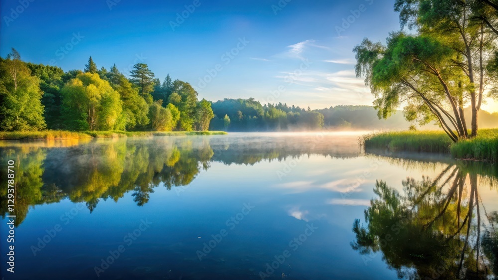 Serene lake on a calm summer morning with a subtle mist rising from the water surface, surrounded by lush greenery and simple trees Serene lake on a calm summer morning with a subtle mist rising from the water surface, surrounded by lush greenery and simple trees