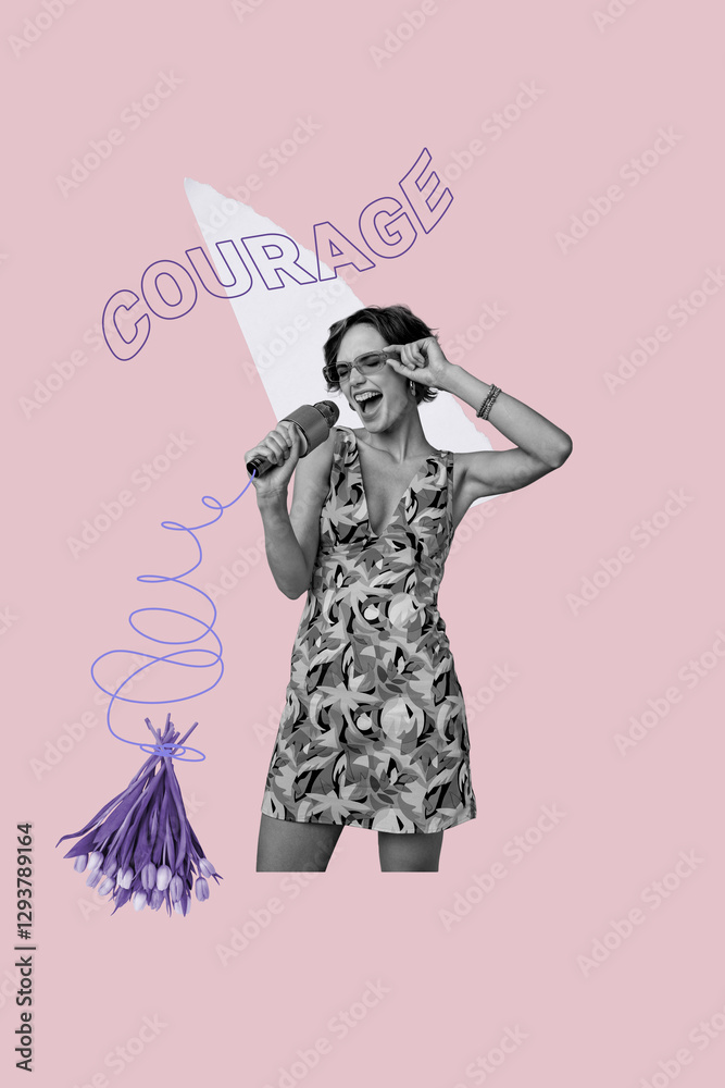 Fototapeta premium Art image vertical photo collage of happy girl sing microphone tulips flower bloom bouquet march day feminist party celebration