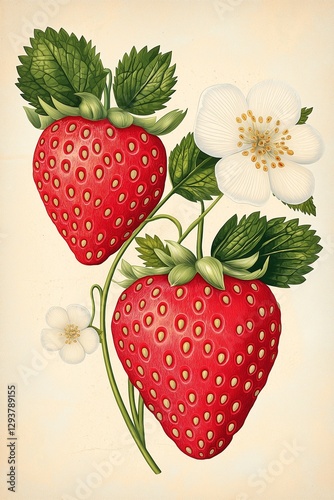 Illustration of a strawberry plant with flowers and ripe fruits in a decorative composition, retro botany vintage poster.