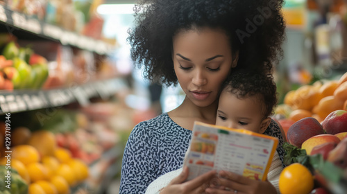 A worried mother reading food labels while shopping for her child with food allergies