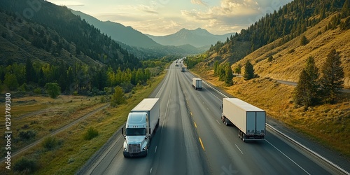 A sleek white semi-truck glides across a highway, its silver body catching the light as it turns left in a graceful arc