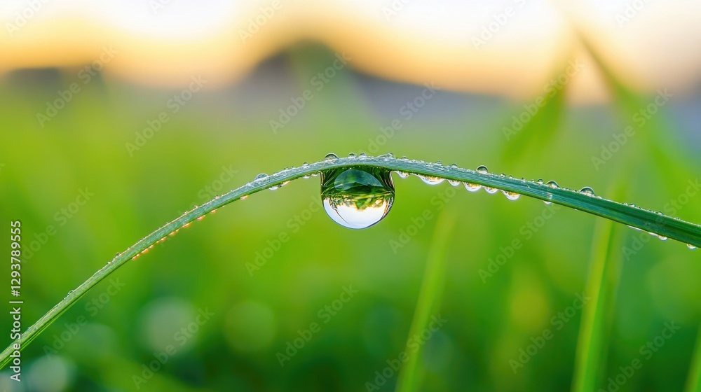 A pristine dewdrop balances on a slender grass blade, symbolizing nature serenity and the delicate beauty of early morning in perfect harmony A pristine dewdrop balances on a slender grass blade, symbolizing nature serenity and the delicate beauty of early morning in perfect harmony