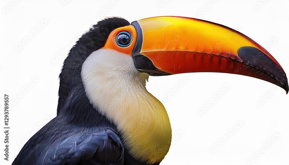 Fototapeta premium Transparent Digital Portrait of a Vibrant Toucan Perched Amidst Exotic Greenery, Showcasing Striking Plumage and Detailed Textures against a Bold Background, Perfect for Artwork, Home Decor, or