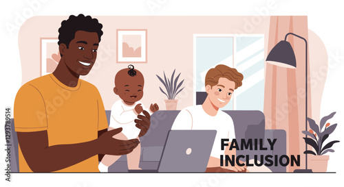 Multiethnic gay couple spending time together with their baby. Minimalist flat style vector