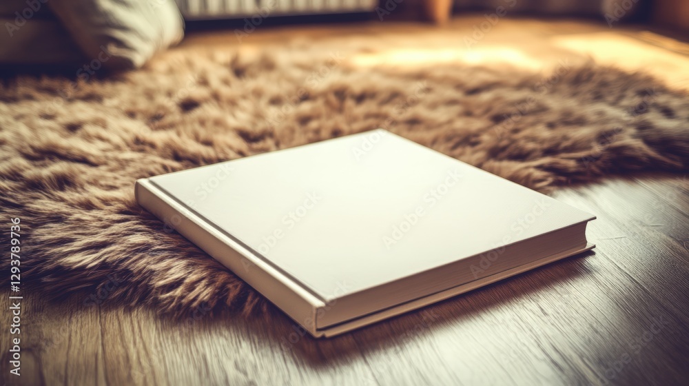 Fototapeta premium Blank book on soft rug in cozy living room