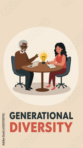 Generational diversity cartoon with mature black man and Brunette woman working together during meeting for brainstorming ideas
