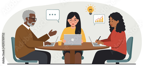 Mature black man, young Asian woman and Latina woman working together at office. Generational diversity concept. Colorful flat style vector