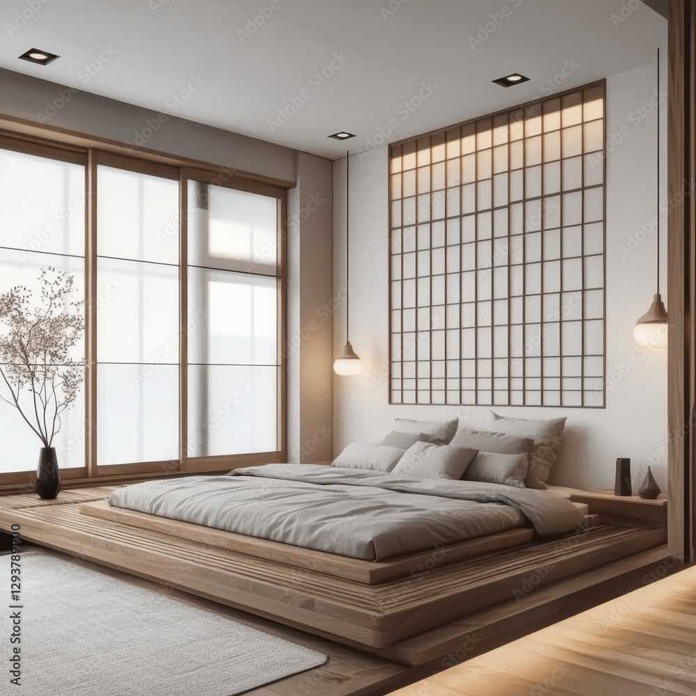 Fototapeta premium A Japanese bedroom interior with a minimal and modern design