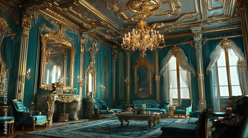 Obraz premium A regal teal interior with gilded Rococo paneling, chandeliers, and a refined atmosphere