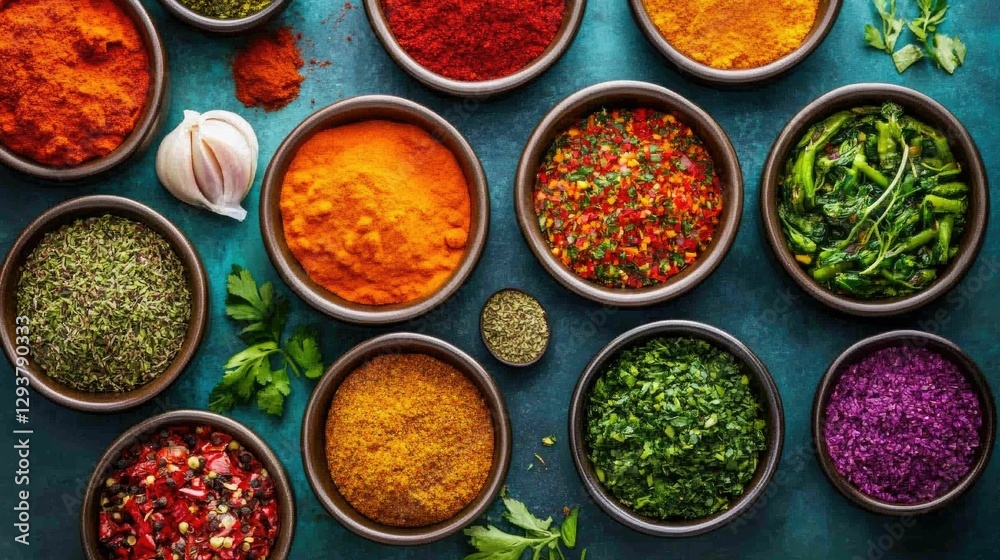 Fresh seafood ingredients and an assortment of exotic spices laid out from a meal kit showcasing a unique culinary experience that can be prepared and enjoyed at home