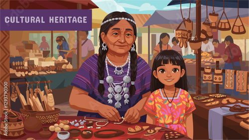 American indigenous grandmother and granddaughter having time together at artisan local market. Cultural heritage concept