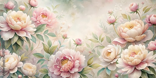 Delicate peony flowers in a soft watercolor style with a subtle gradient effect and intricate details, floral patterns, seamless designs