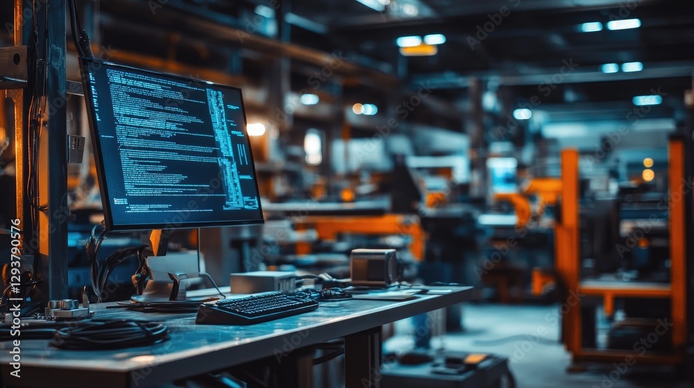 A rugged industrial workshop with a computer screen showing dynamic programming code, with metal panels and exposed wiring highlighting the hard-hitting tech environment A rugged industrial workshop with a computer screen showing dynamic programming code, with metal panels and exposed wiring highlighting the hard-hitting tech environment