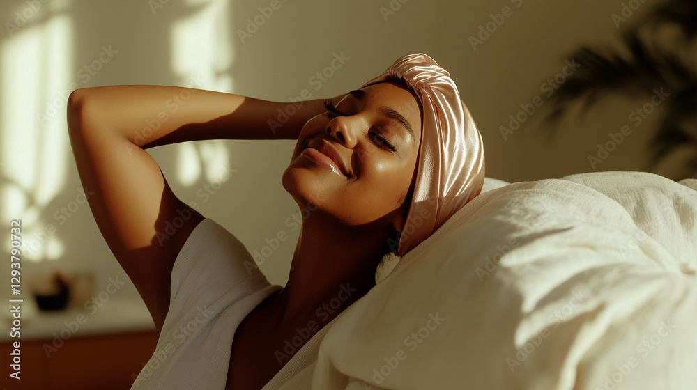 Fototapeta premium Woman enjoying peaceful moment indoors while sitting on cozy couch in sunlight