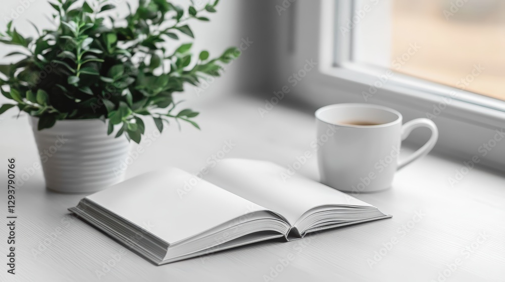 Open book with coffee cup and plant on white table Open book with coffee cup and plant on white table
