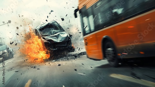 A head-on collision between a car and a bus, illustrating a serious traffic accident