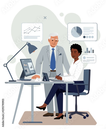 Generational diversity at work with young black woman working together with senior Caucasian man. Minimalist flat design illustration