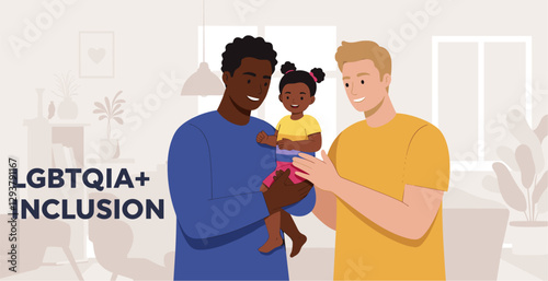 Happy multiracial couple enjoying their little daughter at home. LGBTQIA+ inclusion concept. Colorful flat style vector