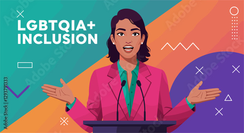 Empowered gay business woman giving conference about LGBTQIA+ inclusion. Colorful cartoon vector