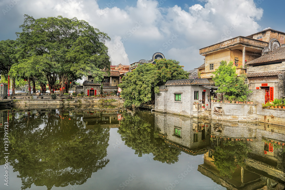 Foshan city, Guangdong, China. Yanqiao Ancient Village (built in 1450) still preserves a large number of ancient buildings as cultural relics protection units with historical heritage.
