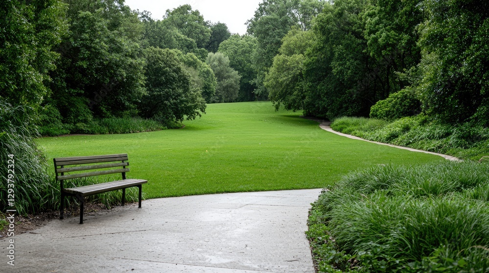 Fototapeta premium Serene park bench, lush green lawn, trees, peaceful background, nature relaxation