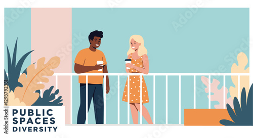 Public spaces diversity with Black man and blond Caucasian girl having a coffee together. Flat style vector