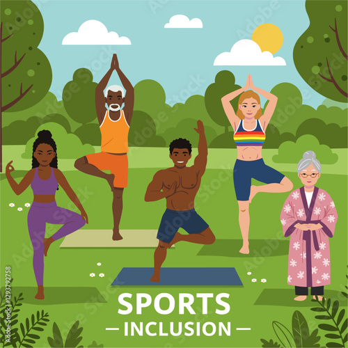 Multiethnic group of people from different generations practicing yoga together in the park. Sports inclusion concept