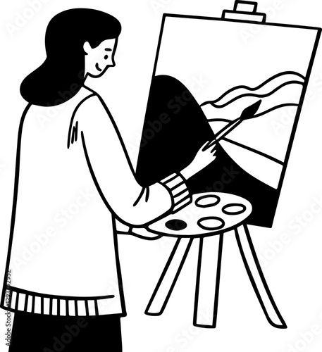 artist painting on a canvas outline vector illustration, silhouette, line art