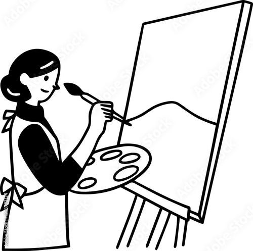 artist painting on a canvas outline vector illustration, silhouette, line art